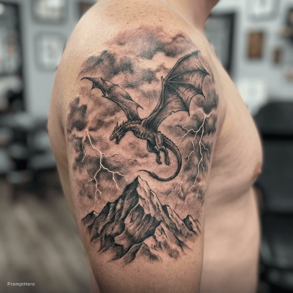 AI generated: Dragon au dessus d'une montagne ciel nuages orage éclaire  