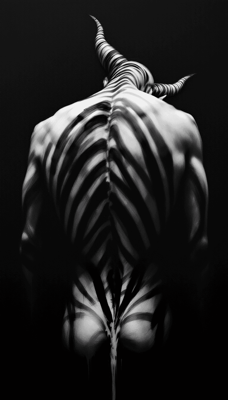 AI generated: A monochromatic blur of stripes on the back of an abstract devil form, with no head or feet visible,...