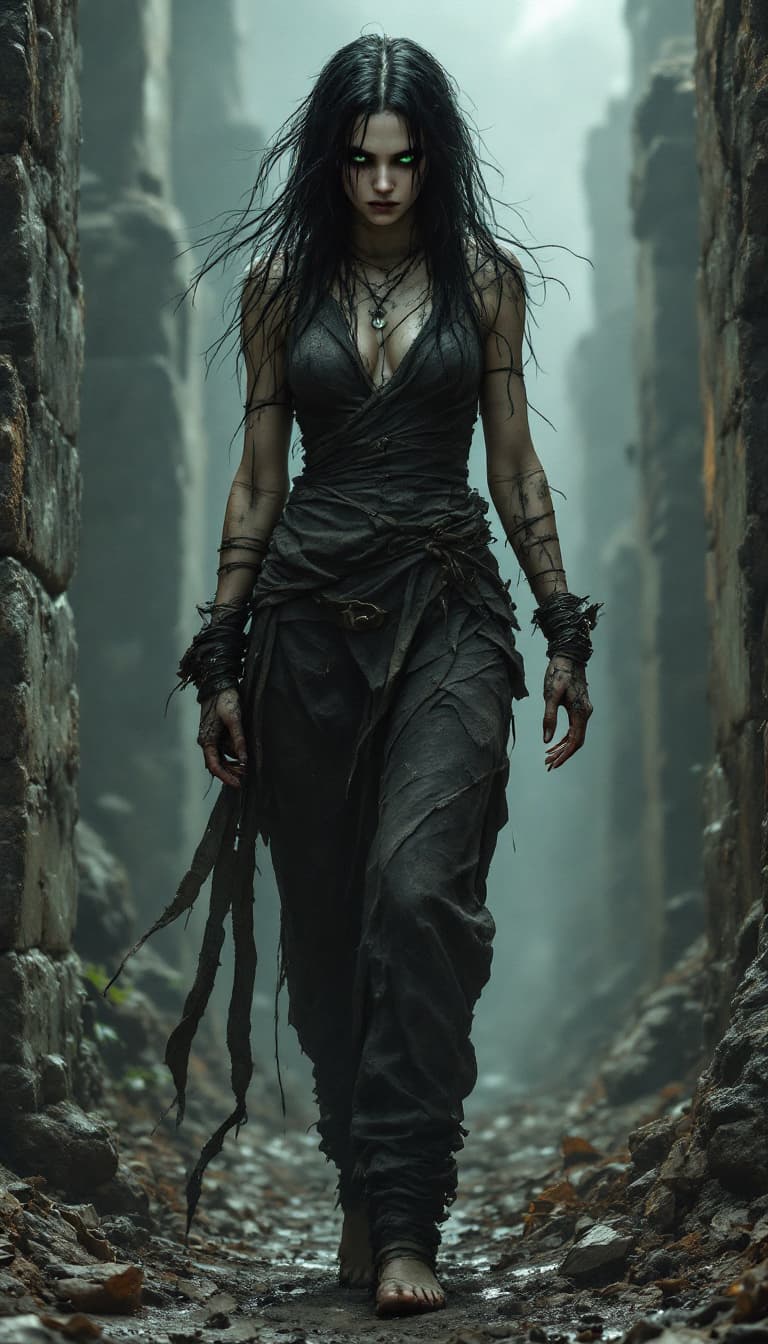 AI generated: Full body view of a woman with raven black hair, green eyes and covered in dirt, wearing rags, baref...