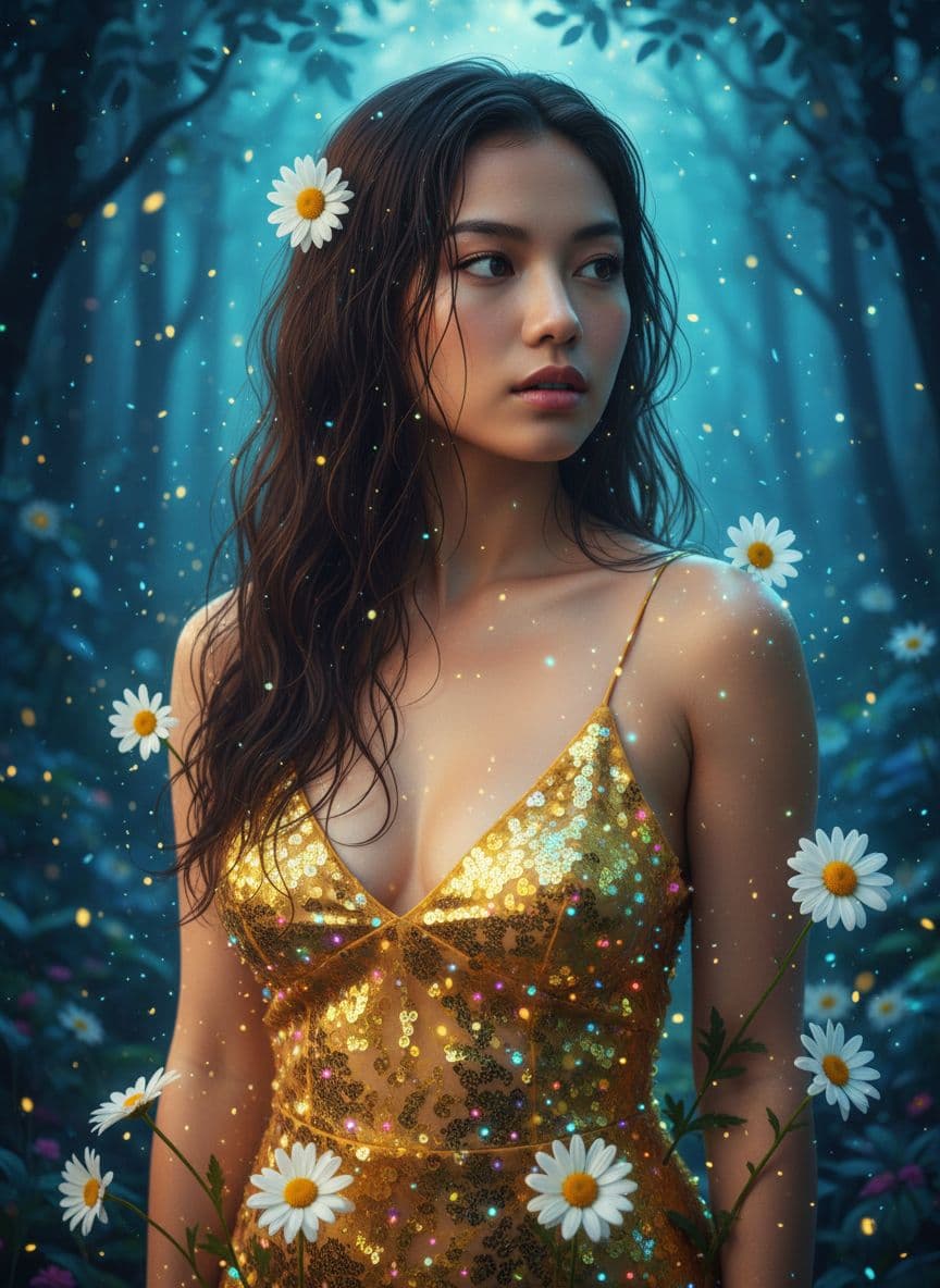 AI generated: The image is a young chinese woman with long wavy dark brown wet hair cascading over her shoulders. ...
