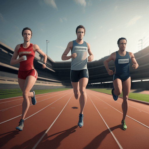 AI generated: three athletes running on a track, cinematic, hyper realism, high detail, octane render, 8k
