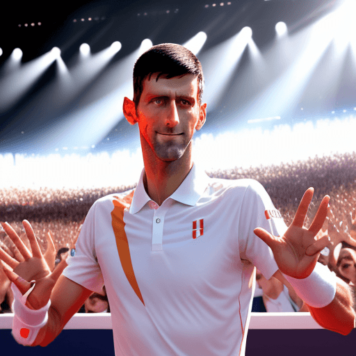 AI generated:  Novak Djokovic habillé en chanteur de rap, fait un signe de la main sous les sun light, et sourie a...