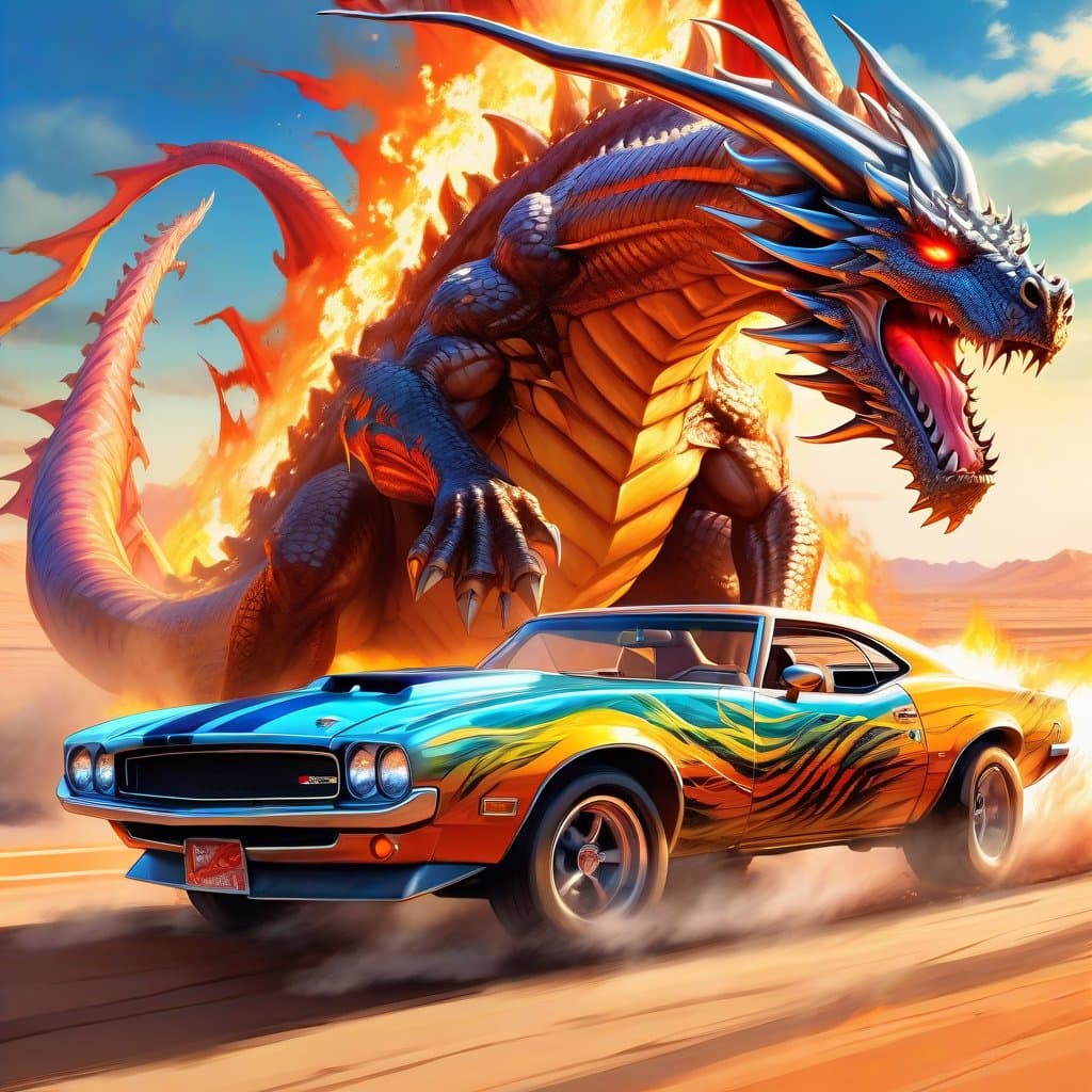 AI generated: A poster portrait of an American muscle car, with paint pin stripes, on a desert road, with a Giant ...