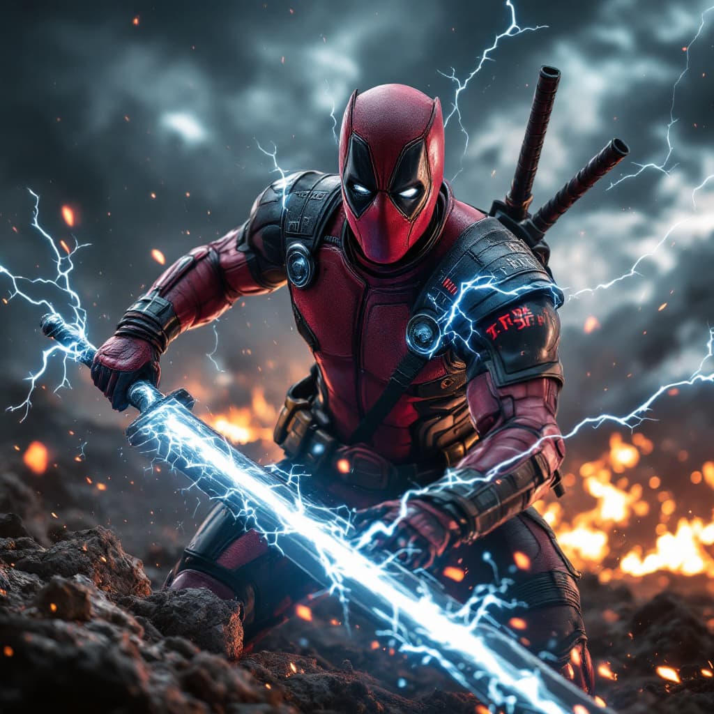 AI generated: A hybrid superhero combining Deadpool and Thor, red tactical armor with glowing Norse runes, wieldin...