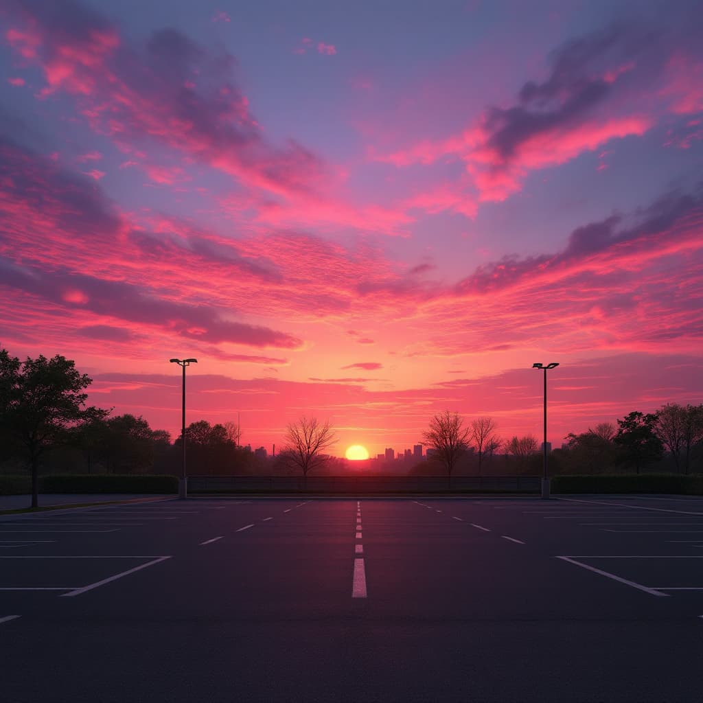 AI generated: a sunset sky with pink and orange hues, stratus clouds spread across the sky, sun is setting in an o...