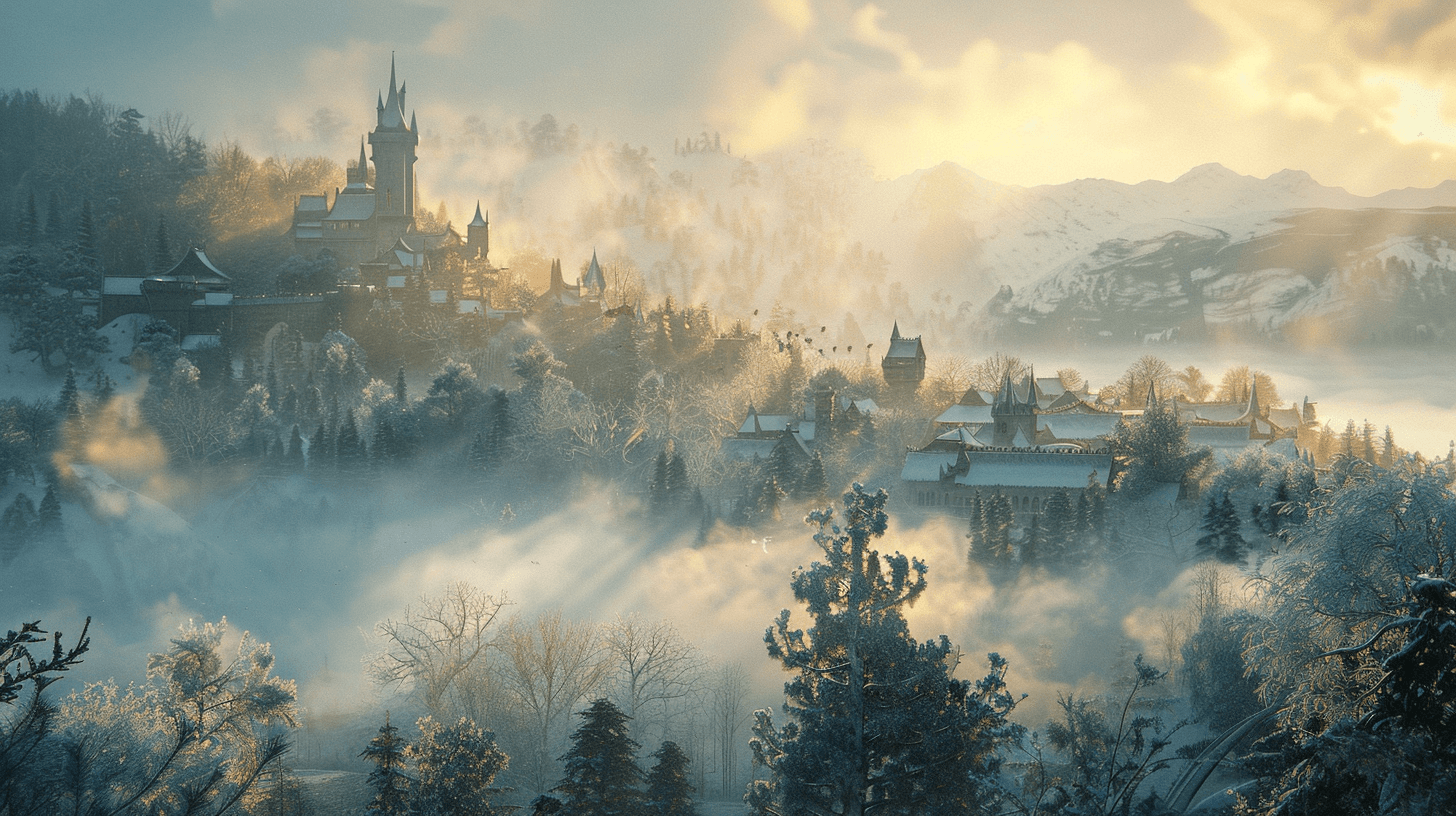 AI generated: Lord of the Rings elven city Rivendel view at dawn, foggy, winter, the sunlight crosses through the ...