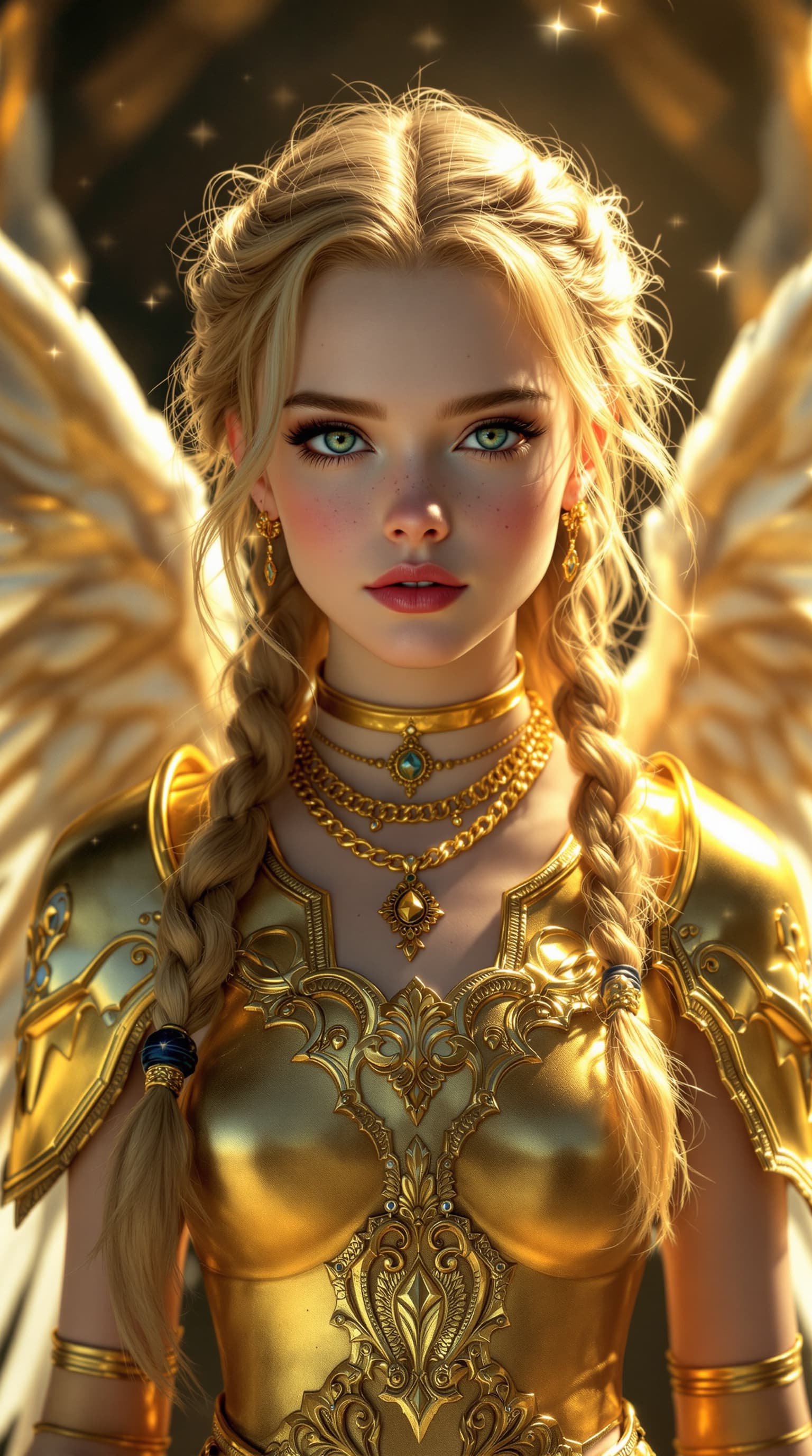 AI generated: A masterful hyper-realistic depiction of Elle Fanning as the Guardian Angel, radiating ethereal beau...