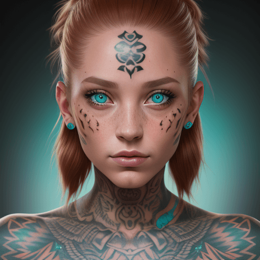 AI generated: Tattooed Female Portrait, Chestnut Hair, Turquoise Eyes, Visible Tattoos, Digital Photography, Raw f...