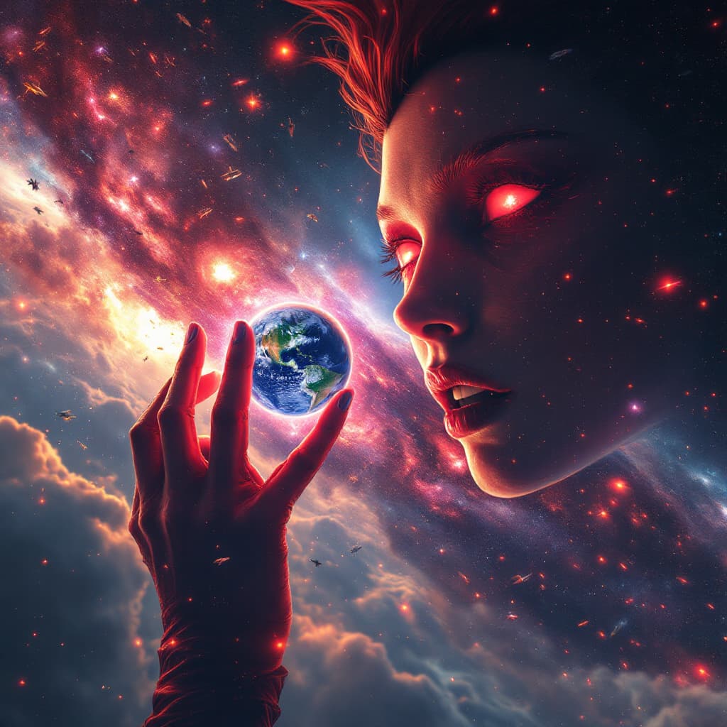 AI generated: enormous giantess elizabeth olsen scarlet witch wanda maximoff
bigger than a galaxy  floating in spa...