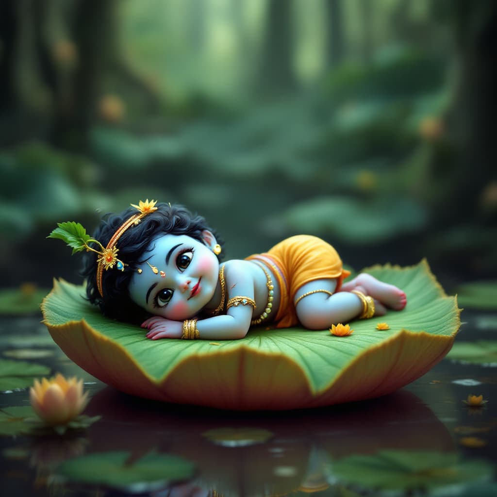 AI generated: Realistic image of little Sri Krishna laying on a lotus pad.