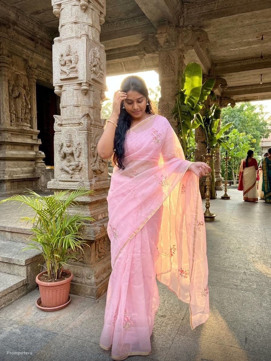 AI generated: change the saree colour into baby pink organza and change the background into temple and Dont change...