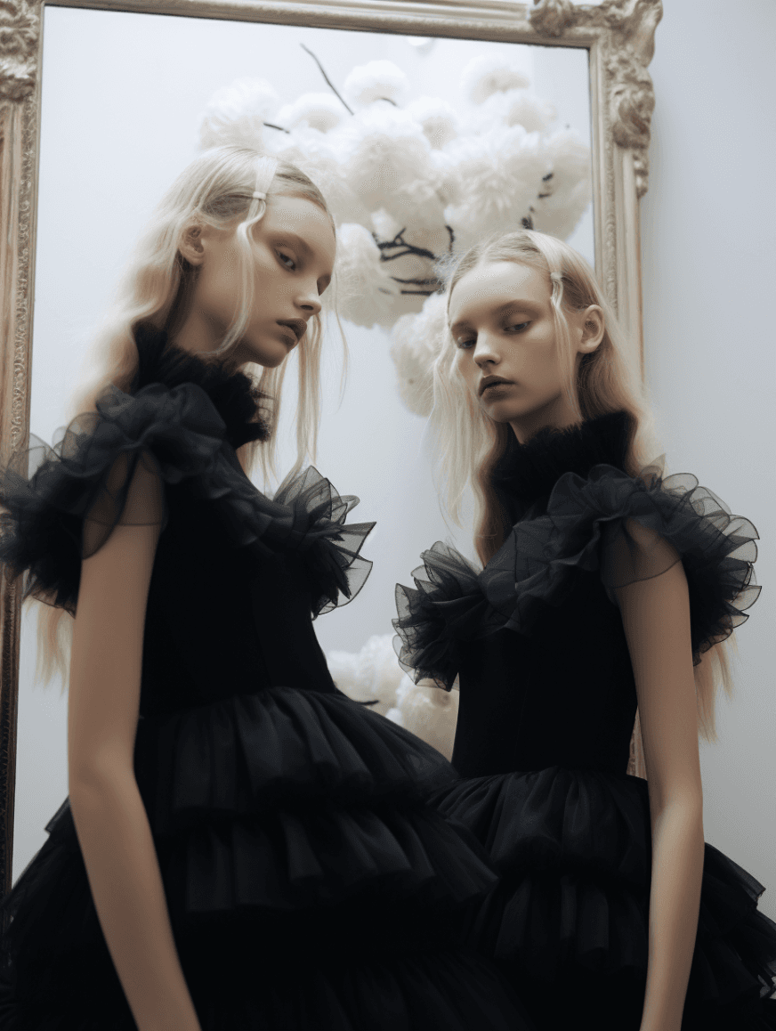 AI generated: photo realism, 8k, white young fashion models wearing black chiffon dress, standing in front of mirr...