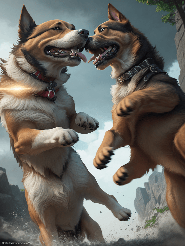 AI generated: Photo of a ultra realistic two dogs fighting, dramatic light, cinematic lighting, battered, low angl...