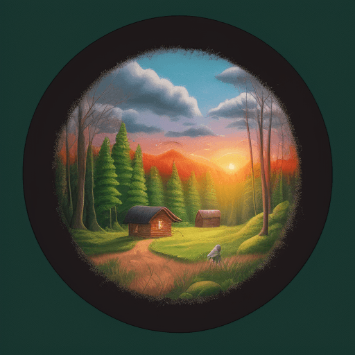 AI generated: circular painting of a forest scene at sunrise. One cabin door alone in the forest. Happy birds, hap...
