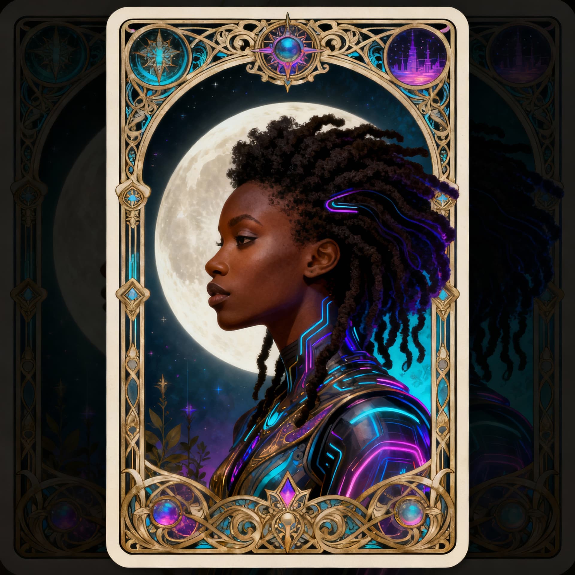 AI generated:  tarot card with intricate detailed frame around the outside |side profile of  head with flowing Afr...