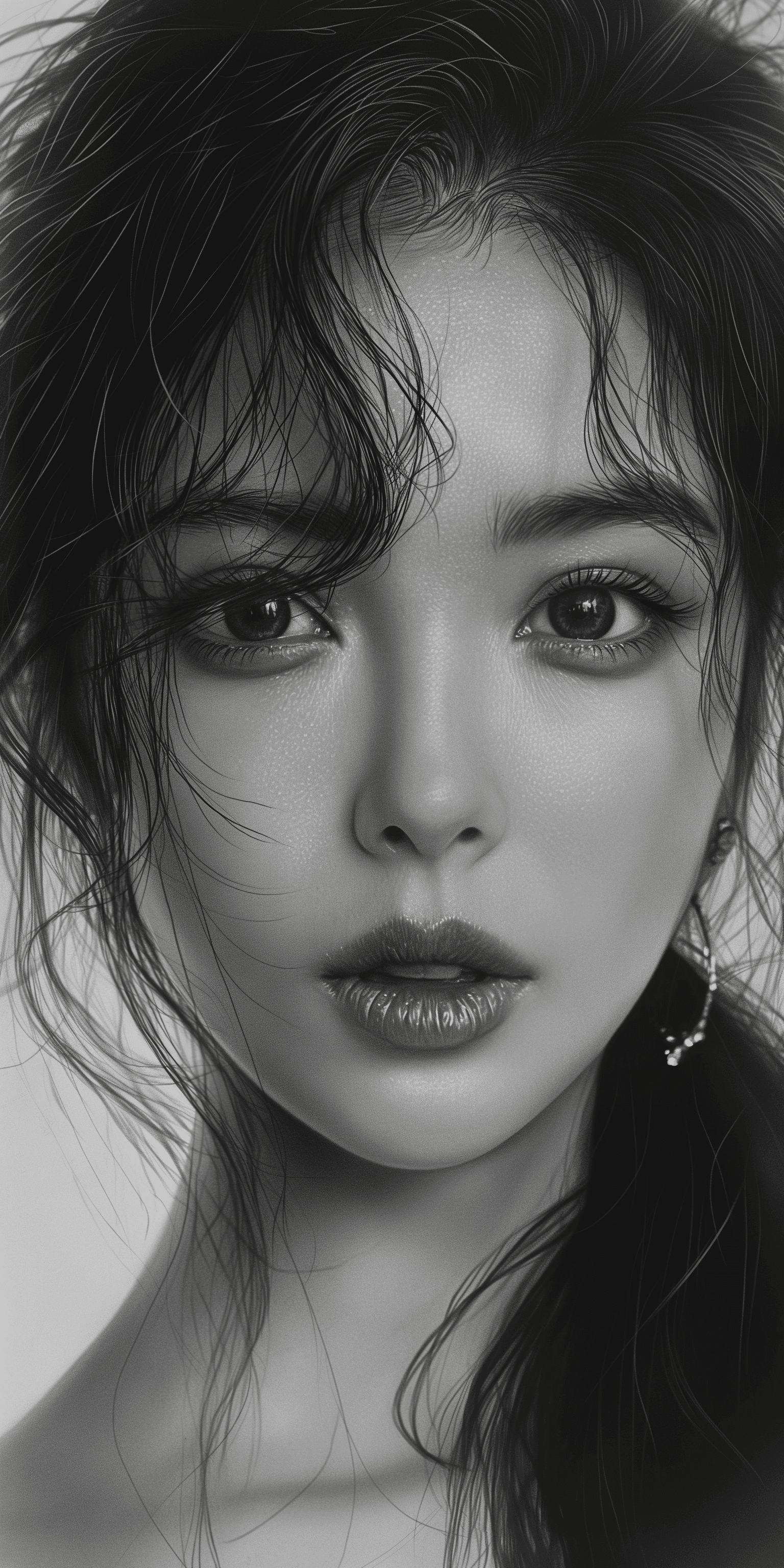 AI generated: a beautiful drawing of a girl in black and white, in the style of gongbi, dark silver and light pink...