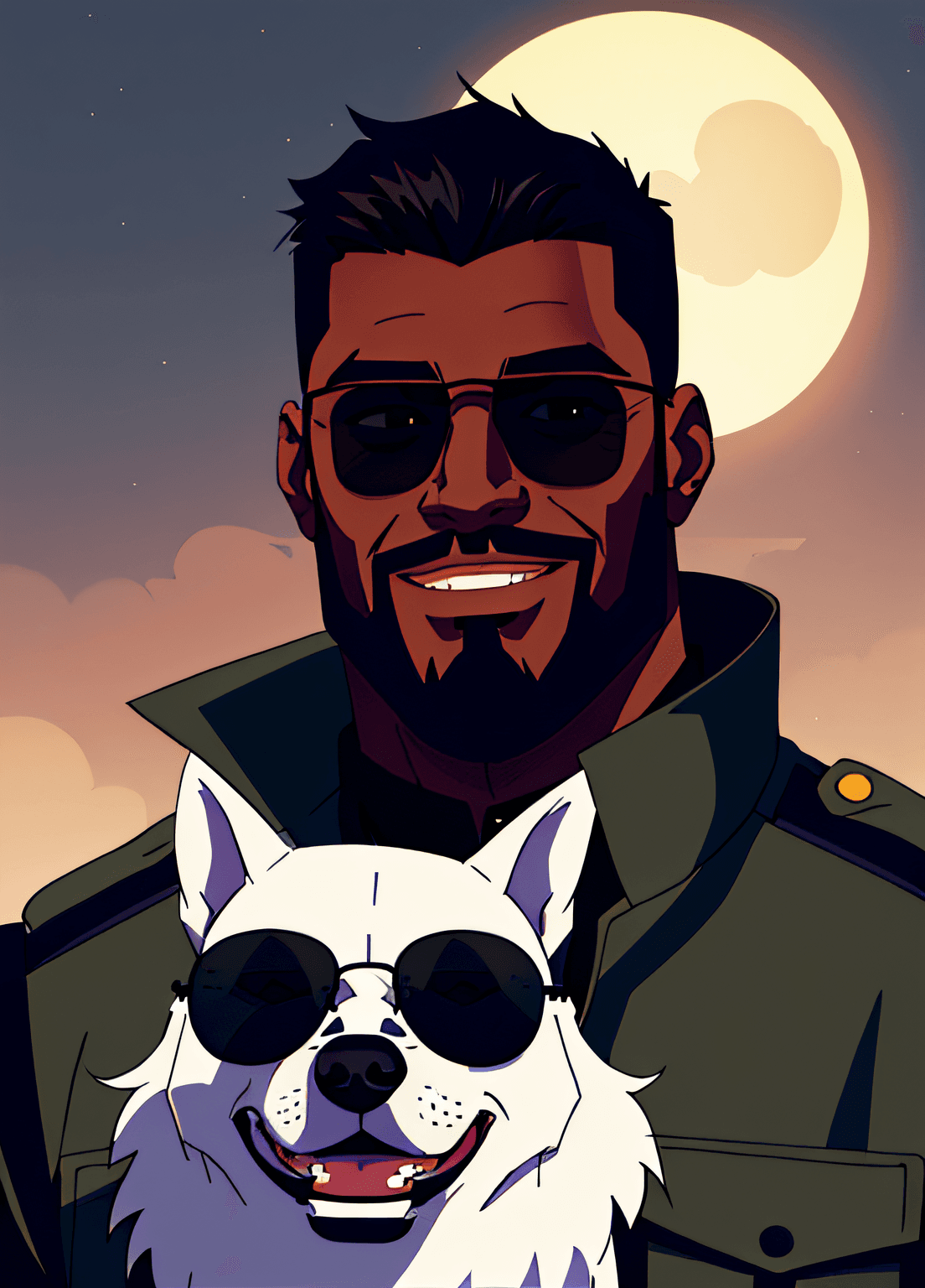 AI generated: 1boy, male focus, military tags, gloves, dog, jacket, dark-skinned male, dark skin, facial hair, nig...