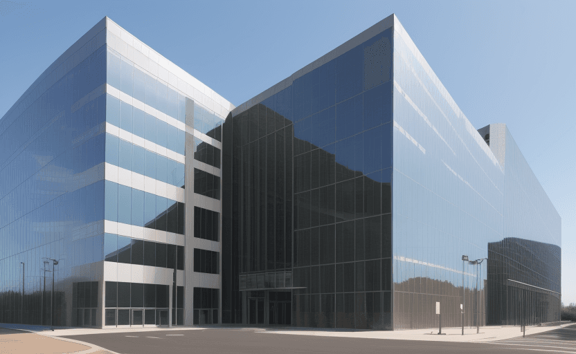 AI generated: Huge corporate building of a company named FIM