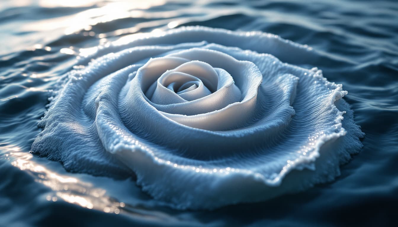 AI generated: ocean waves with sea foam, forming a tea rose 3d pattern rising high from the water beautyful precis...