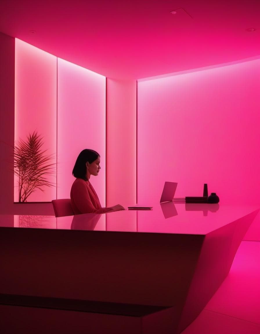 AI generated: architectural photography, perspective, interior space, vertical light panels transition from pink t...