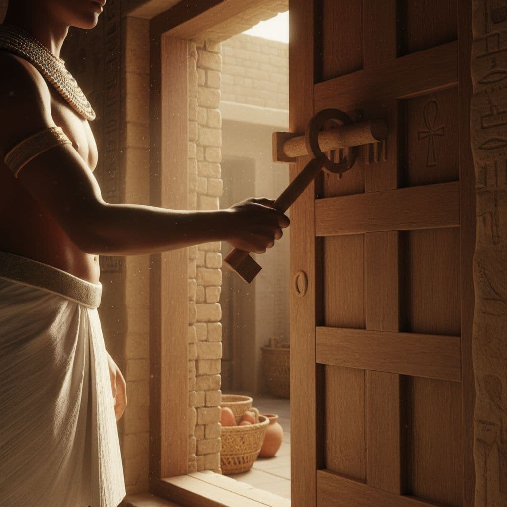 AI generated: Ancient Black African Egyptian person with dark skin using the wooden key to unlock door, key insert...