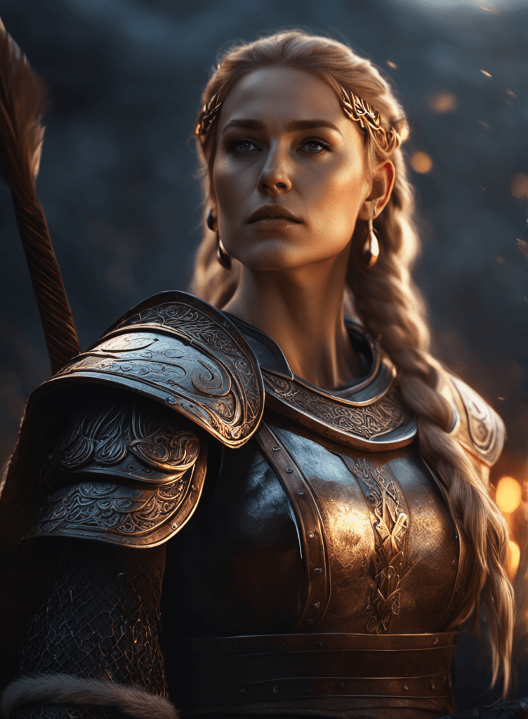 AI generated: A finely detailed depiction of a stunning Viking warrior woman, illuminated with cinematic lighting,...
