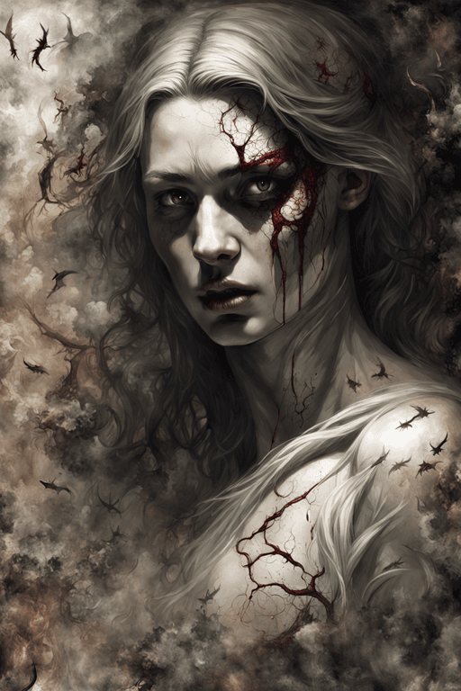 AI generated: Photorealistic concept art depicting a woman engulfed in a mysterious dark aura signing a pact with ...