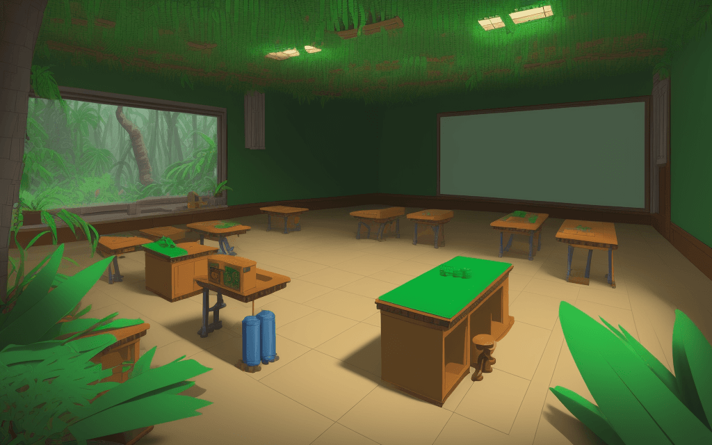 AI generated: empty old big classroom lego in midel of jungle all parts will be created by lego 