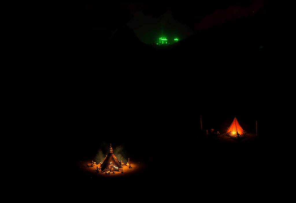AI generated: cyberpunk Buddhist village, around a campfire, on a mountain lit with neon lights, flashing neon sig...