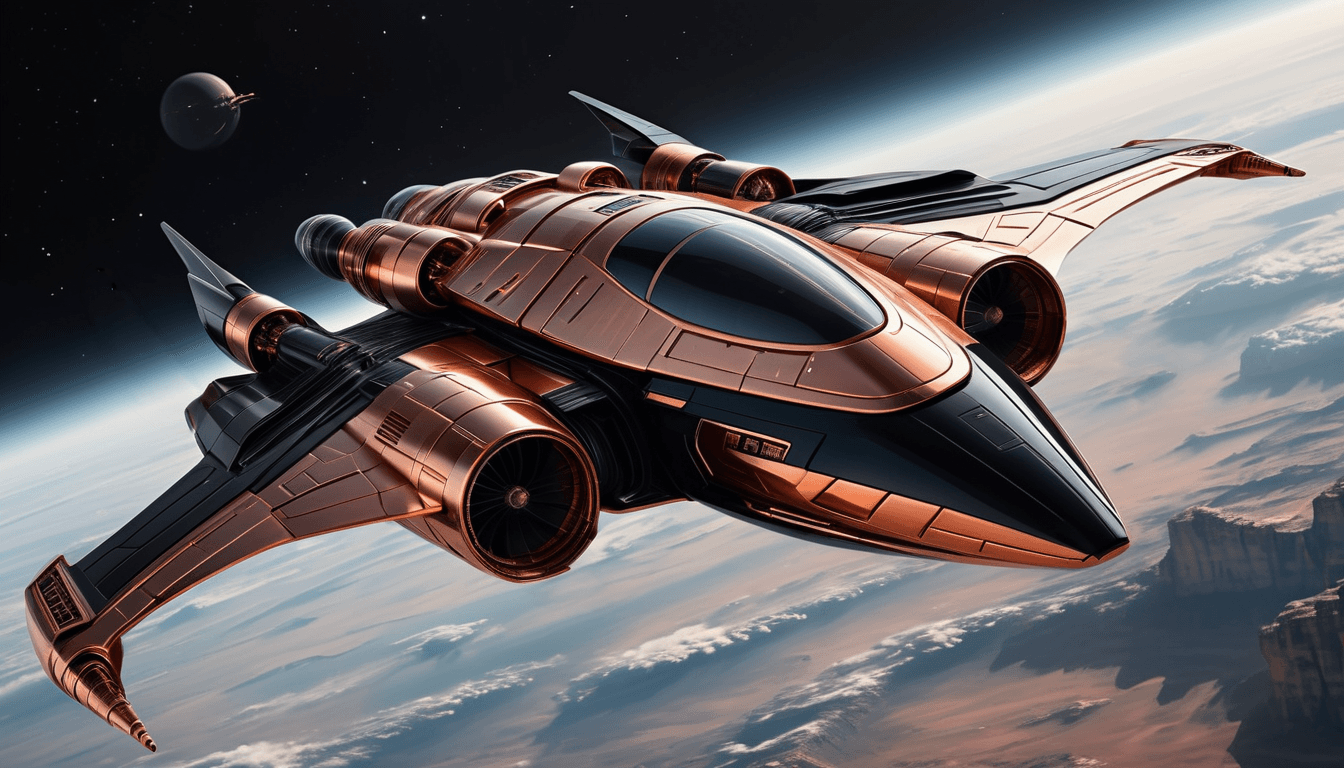 AI generated: a futuristic spacecraft flying through the sky, black and copper color, in the style of star wars, s...