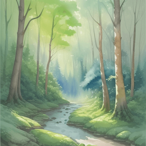 AI generated: background setting, lush, luminous, forest - Watercolor, full colors, detailed, in the style of
chil...