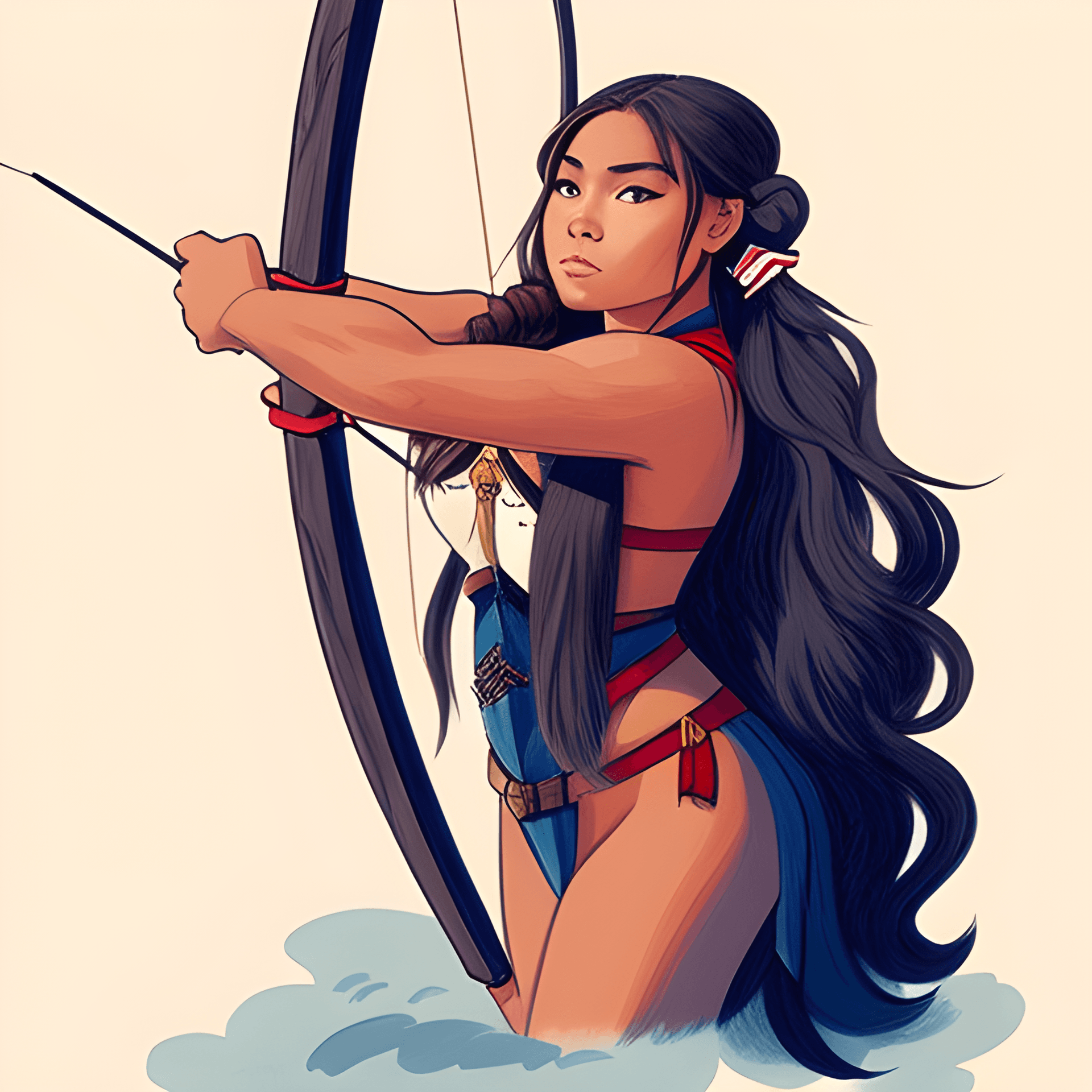 AI generated: a drawing of a woman holding a bow and arrow, by Natasha Tan, tumblr, aztec hair, pocahontas, (beaut...