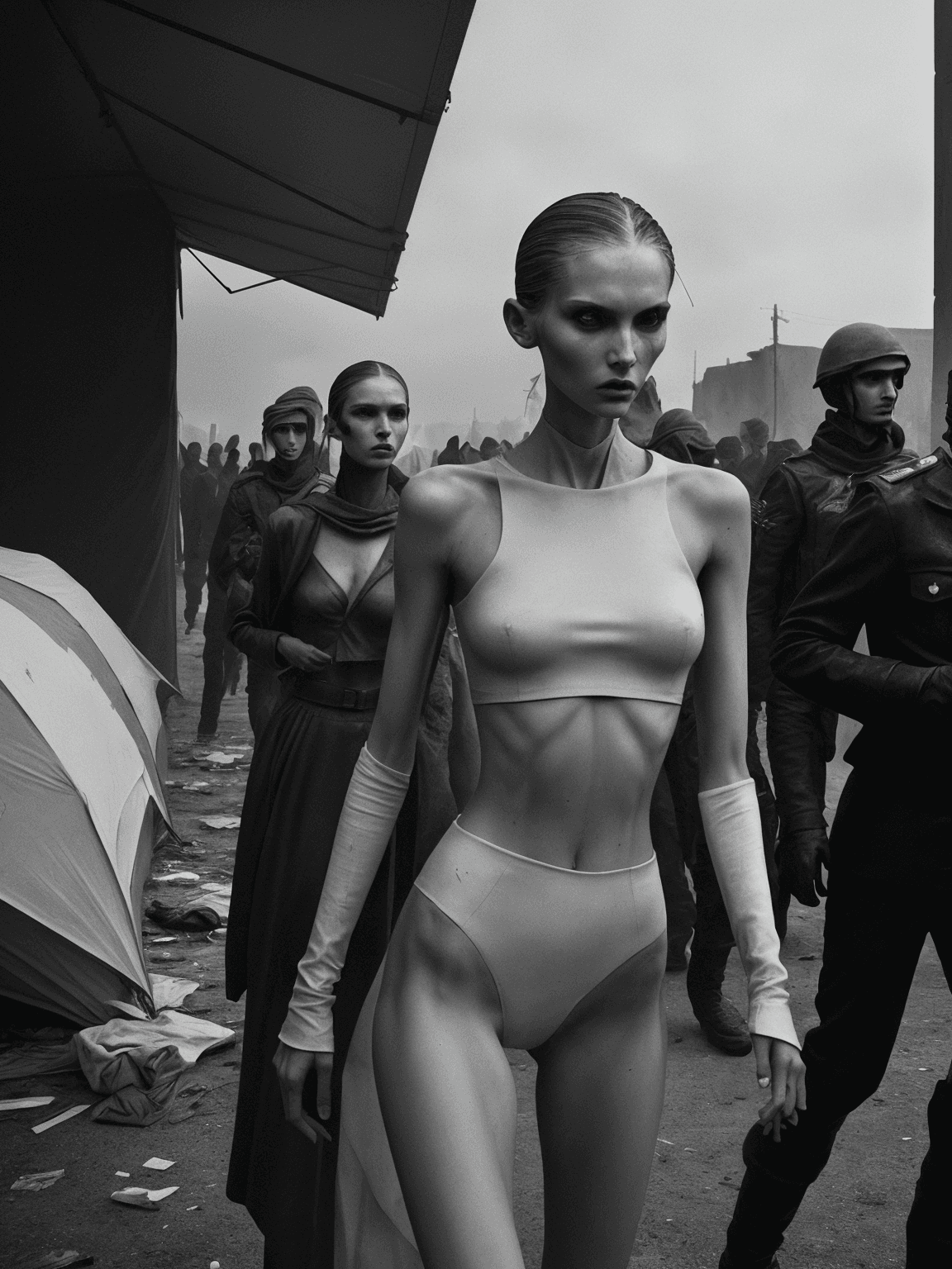 AI generated: Fashion editorial style instant photo masterpiece photo of a supermodel, Slender and petite with a d...