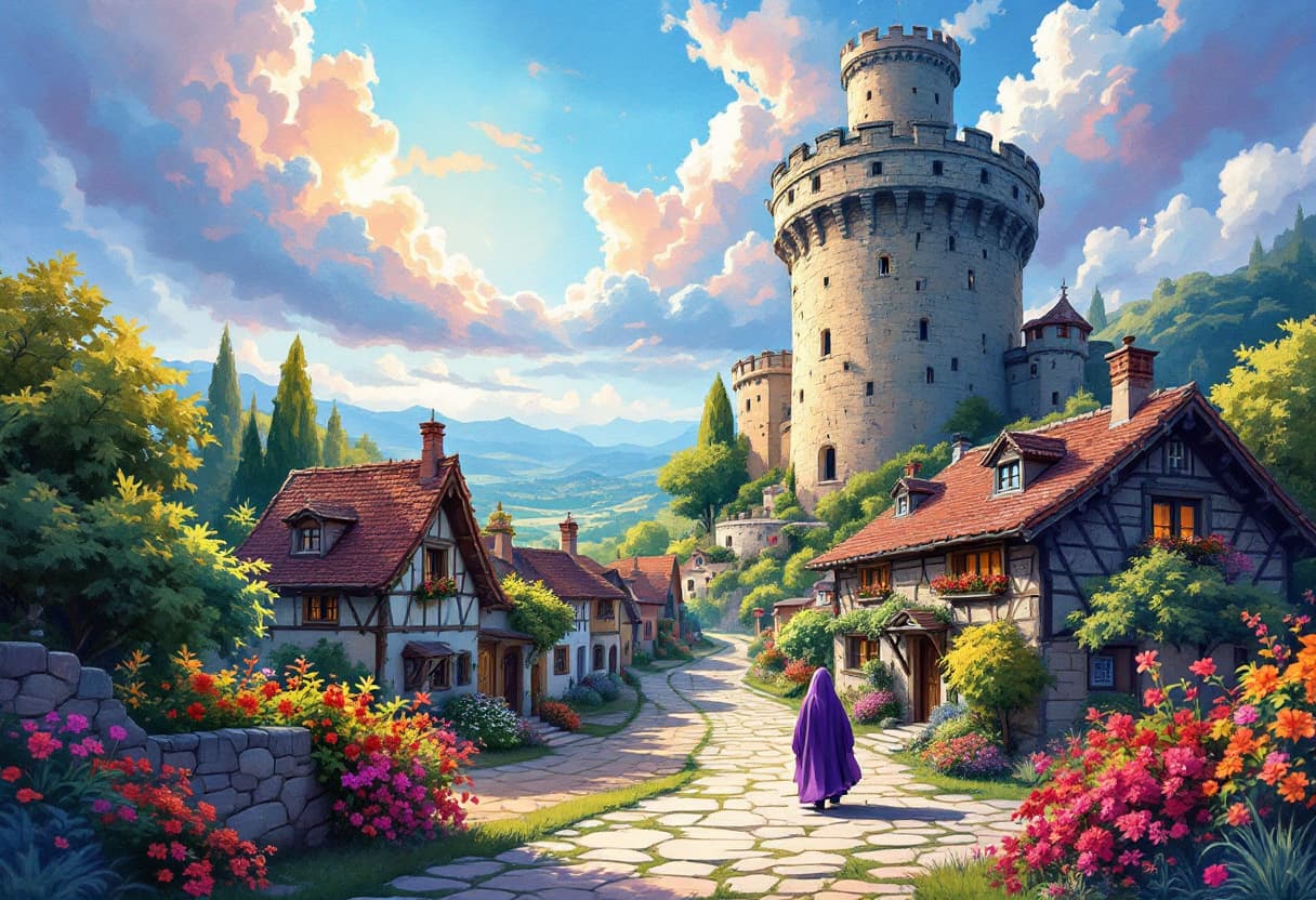 AI generated: Uma vila encantadora e mágica em estilo de pintura aquarela, com uma torre medieval de pedra coberta...