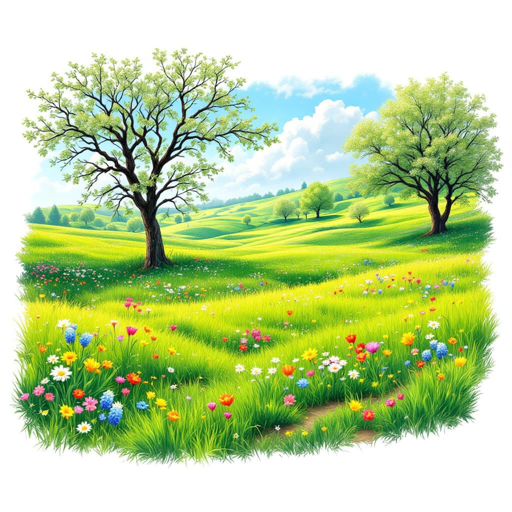 AI generated: A highly detailed, angled view of a vibrant spring landscape. The scene features lush green meadows ...