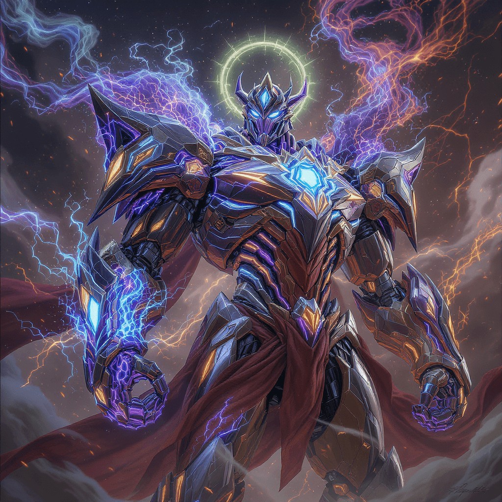 AI generated: um robo guerreiro futuristico mitico super poderoso com poderes sobrenaturais e elementais e divinos