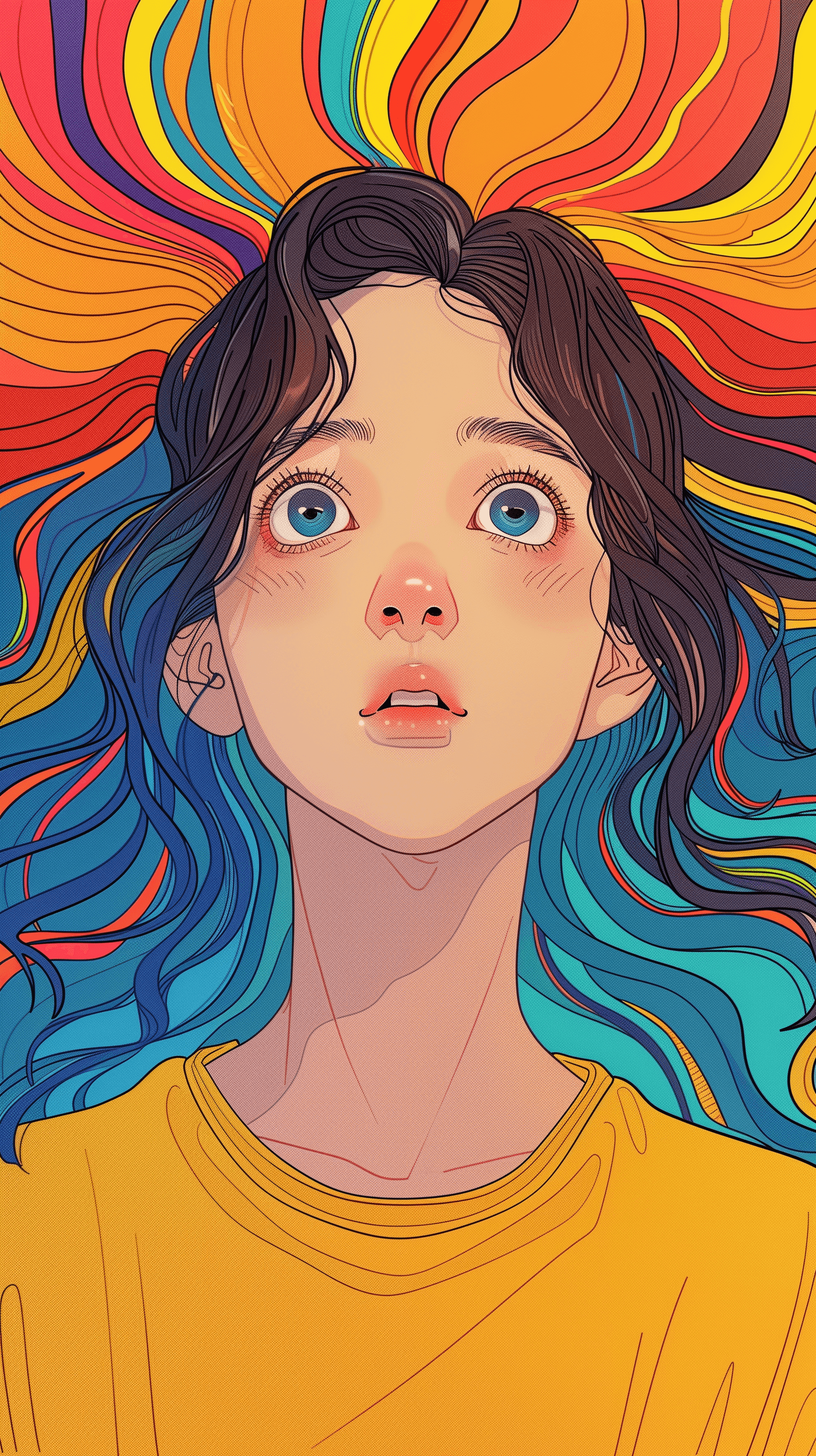 AI generated: illustration, upper-body, girl, front, face, gaze, two randomly three limit colors, outline, edges l...