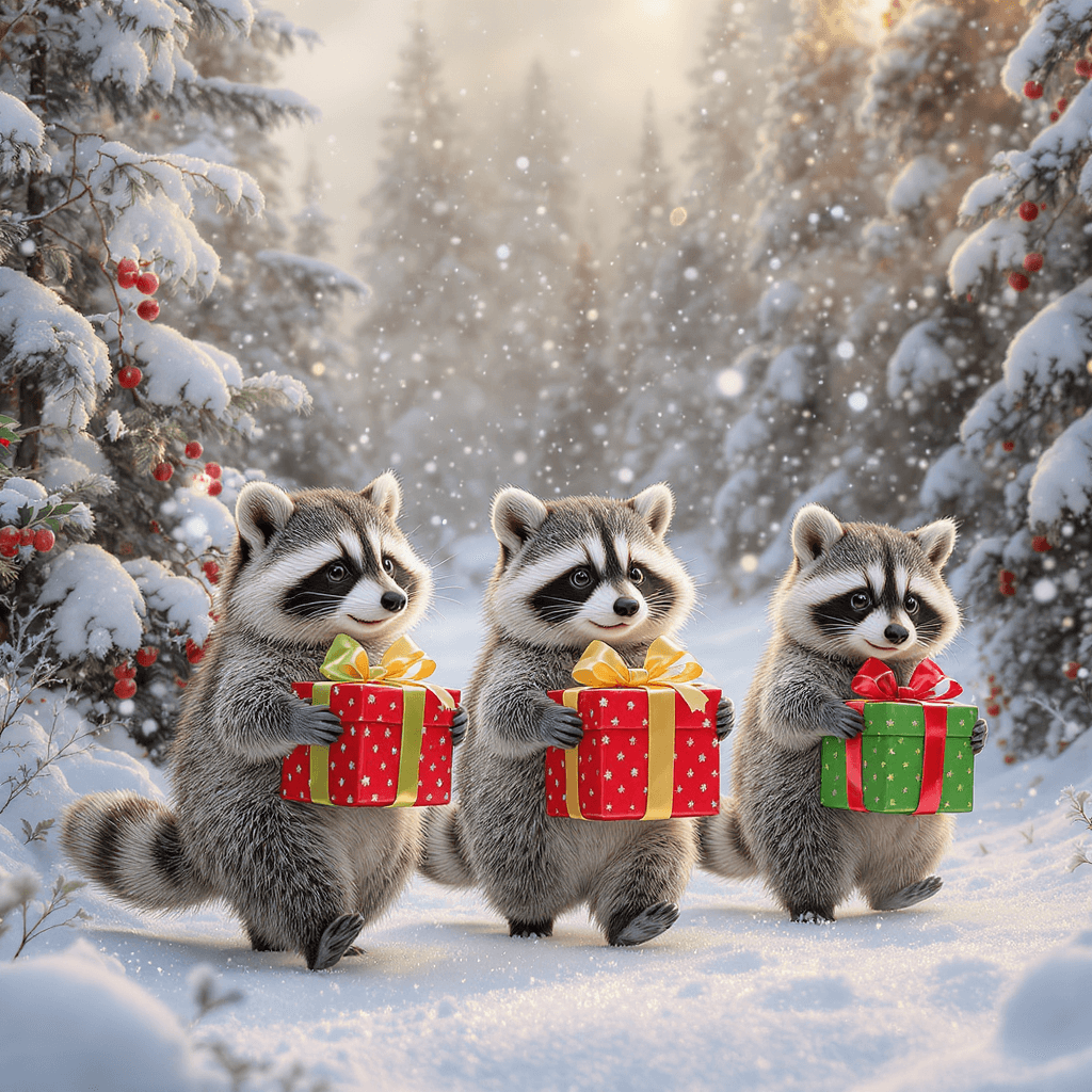 AI generated: A whimsical winter scene featuring three adorable, realistic-style raccoons walking through sparklin...
