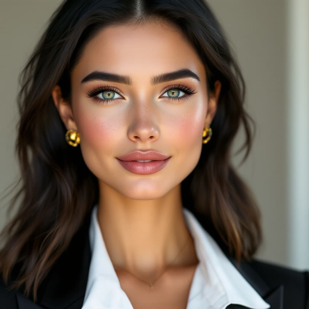 AI generated: Create an ultra-realistic portrait of a woman with lifelike features. She has smooth, slightly tanne...