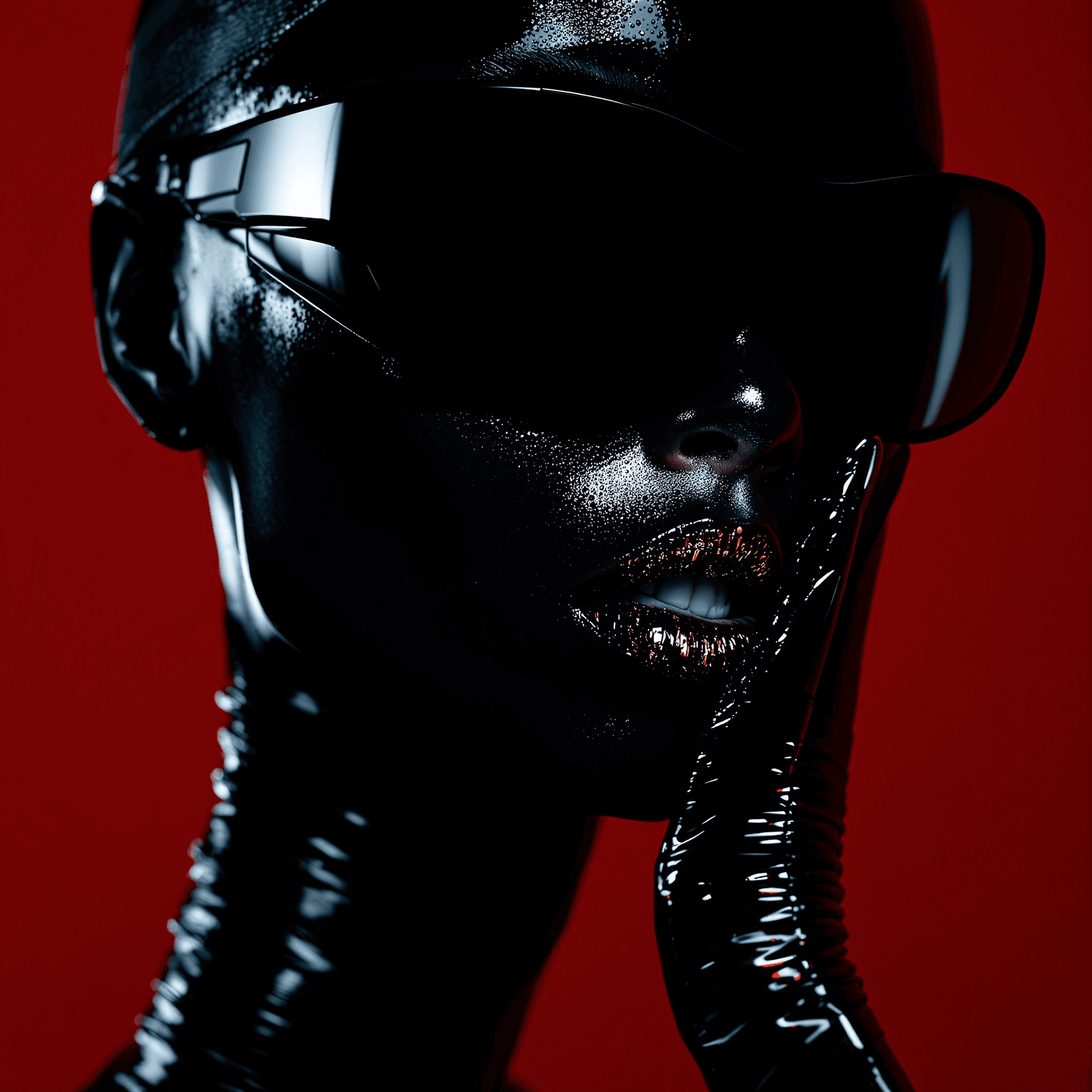 AI generated: A high-fashion close-up of a woman striking a bold pose, wearing sleek black latex and futuristic su...