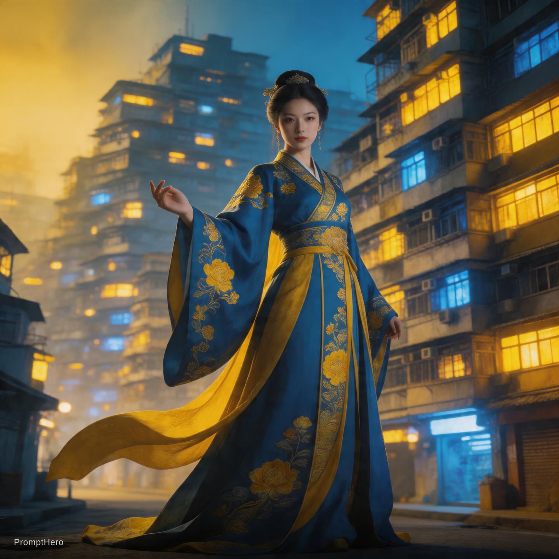 AI generated: The silhouette of gorgeous Chinese princess on the street, stands under huge morden buildings, Embro...