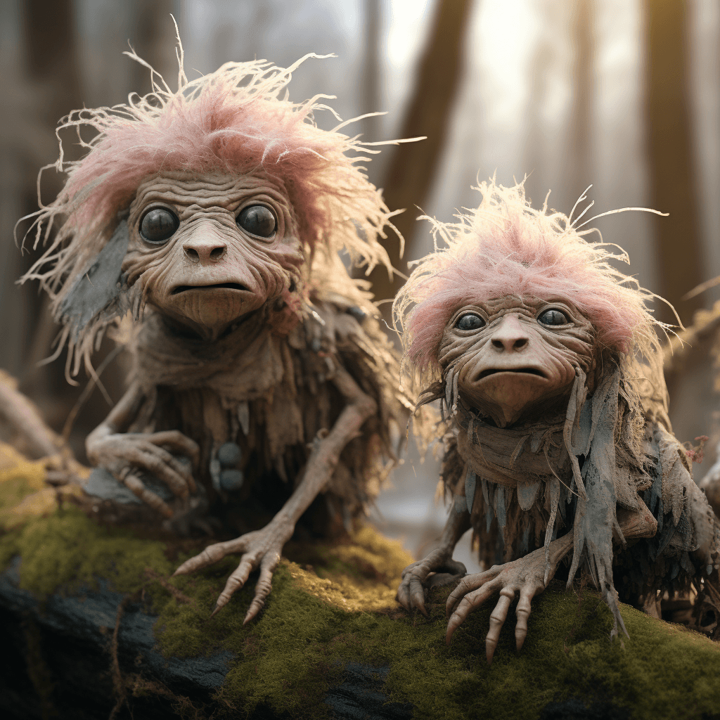 AI generated: full bodies of two crawling creatures, forest clearing, wide shot, snow on the ground, ancient trees...