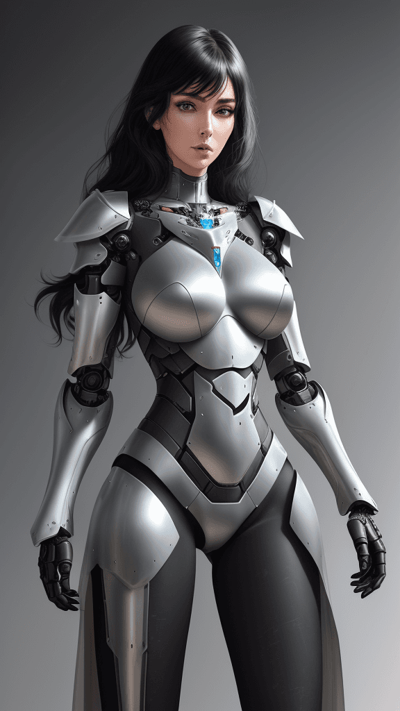 AI generated: Beautiful tall woman with robotic armor with super realistic and well detailed black hair <lora:more...
