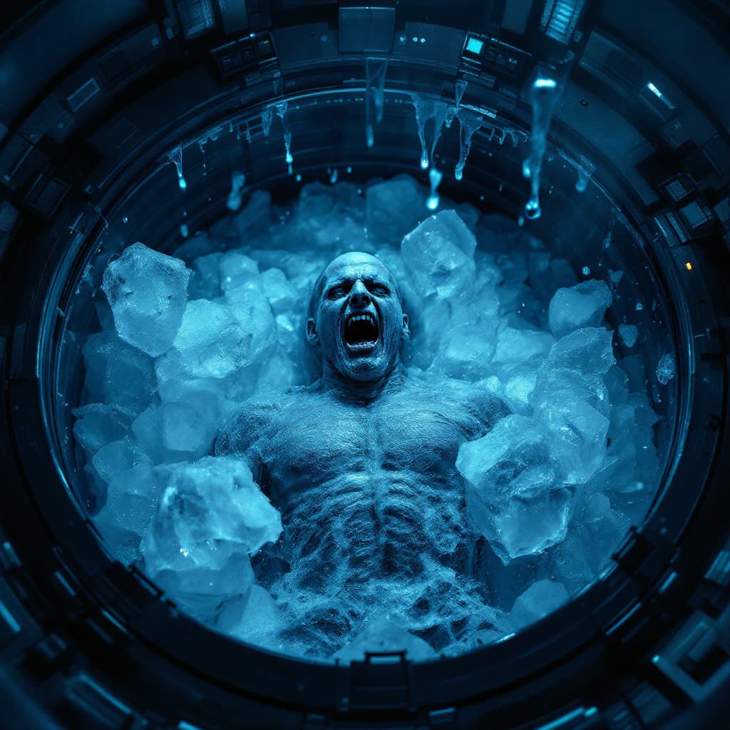 AI generated: A screaming man, frozen in ice inside an airlock tank, in a cyberpunk setting with cold blue lightin...