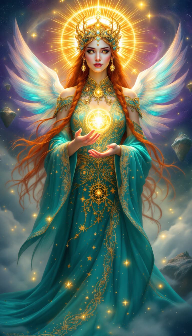 AI generated: An ultra-realistic, full-body static view of a celestial empress woman, radiating a sense of divine ...