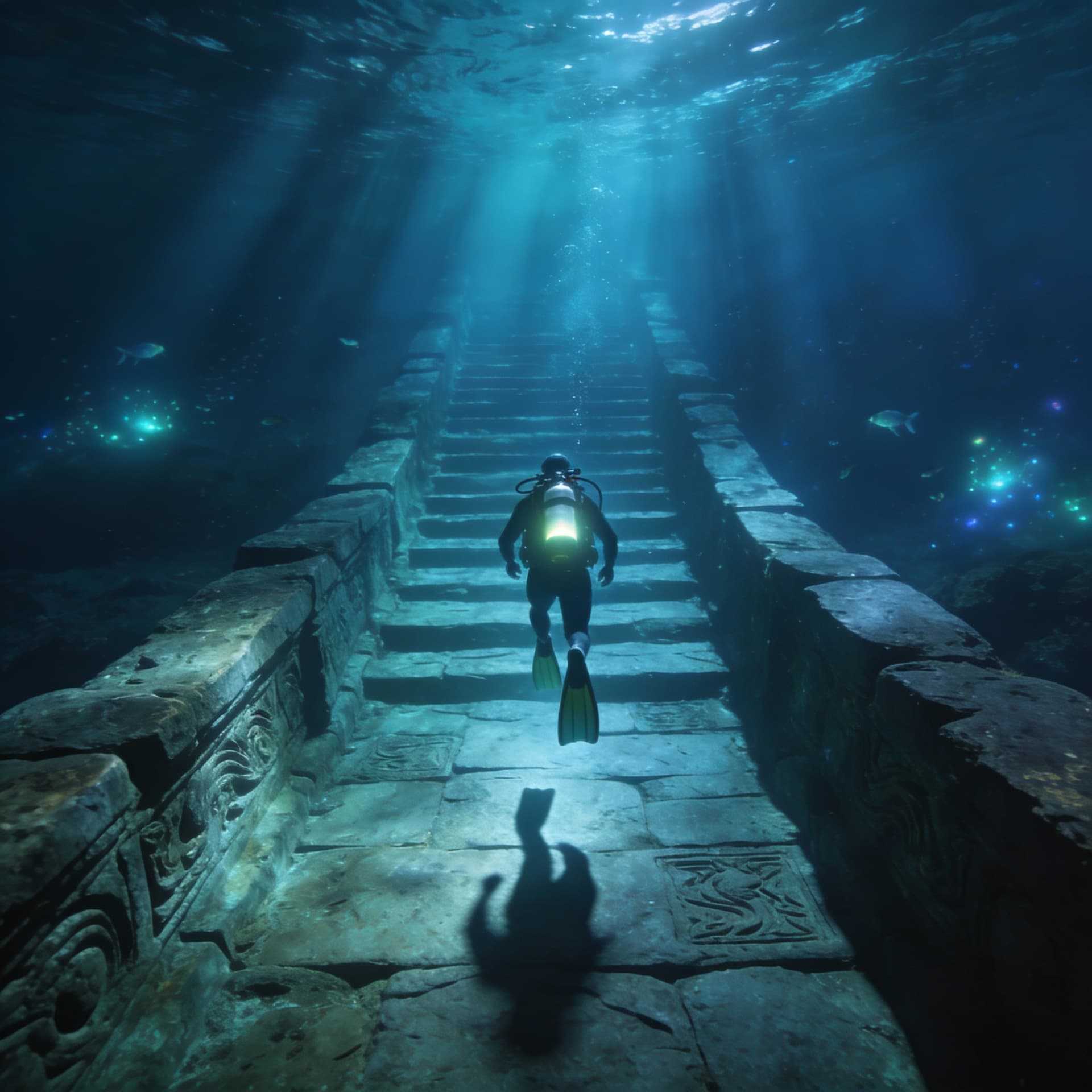 AI generated: an ancient deep path with side walls,no outer walls, located in deepblue sea, containing a diver ins...