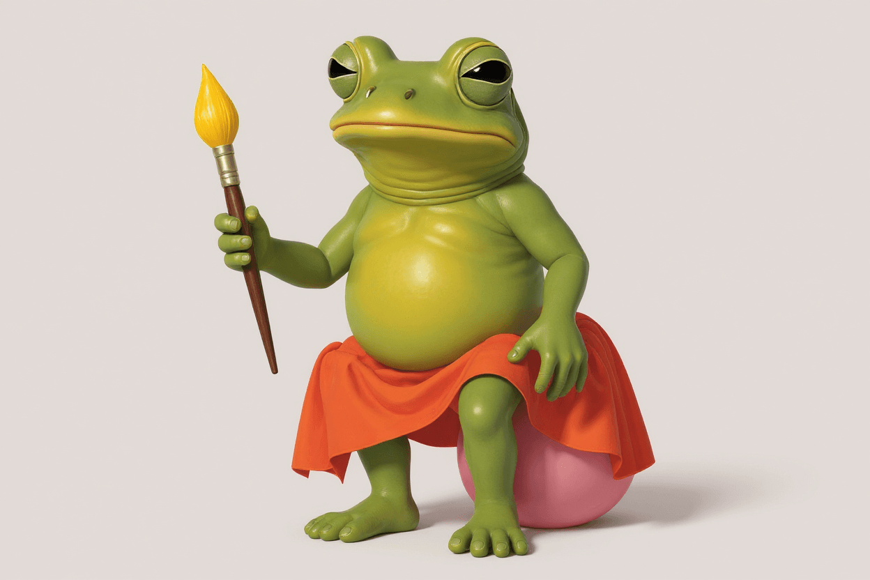 AI generated: Make a portrait of the frog with full body, retaining characteristics and styles, with the frog hold...