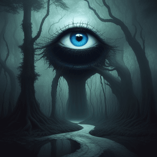 AI generated: a very large eye in the trees with trees around, in the style of surrealistic horror painter, surrea...