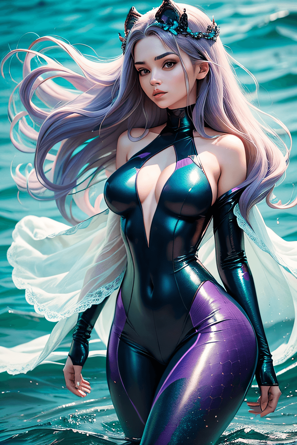 AI generated: fortnite style, life-like woman standing in the middle of a calm ocean. The woman has luscious, flow...