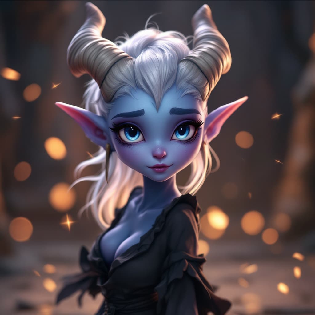 AI generated: Cute gorgeous Draenei from World of Warcraft, beautiful, light blue skin, full body, alluring attire...